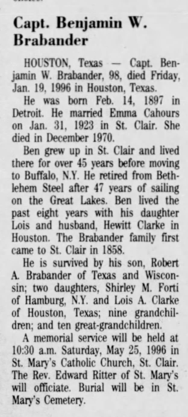 Obituary for Capt. Benjamin W. Brabander