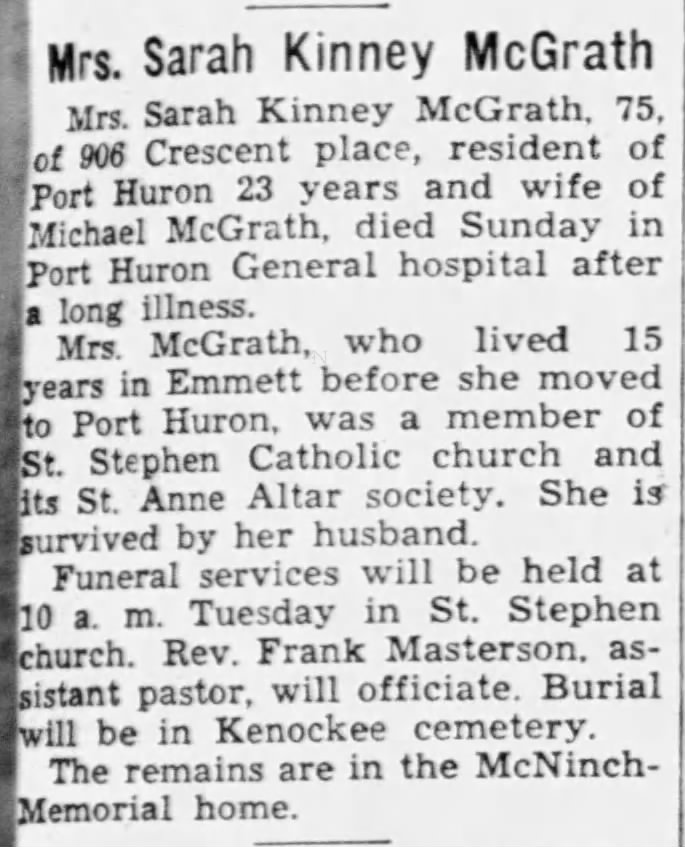 Sarah Kinney Mcgrath November 1940 death notice.  Husband Michael O Mcgrath