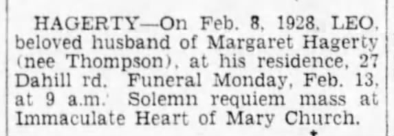 Obituary of Leo Joseph Hagerty, husband of Margaret Thompson