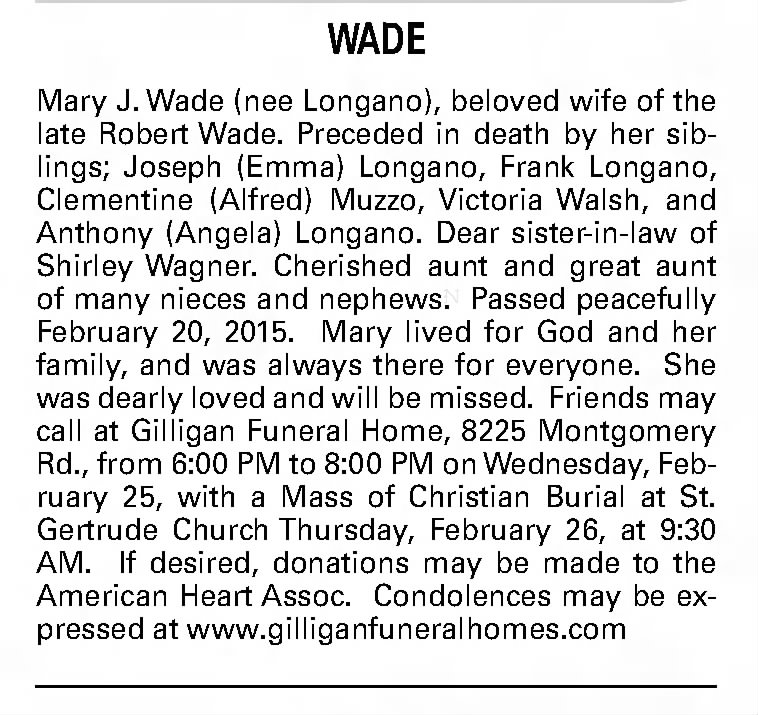 Mary Wade (Longano) Obituary