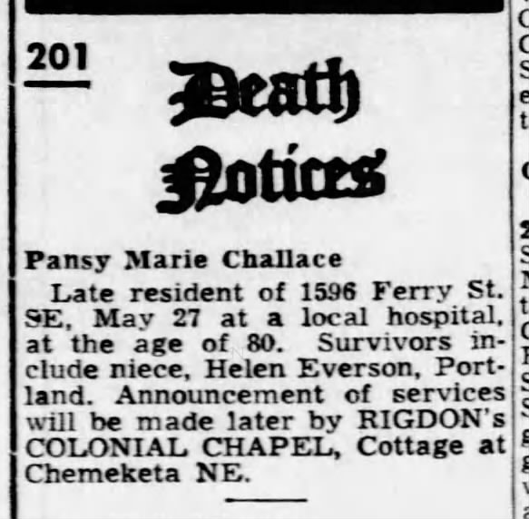 Pansy M. Challace's death notice