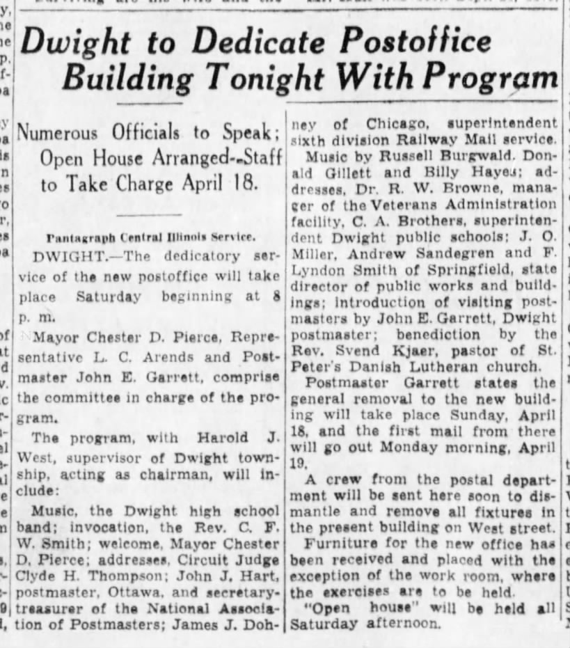 April 1937 - Dwight dedicates new Post Office