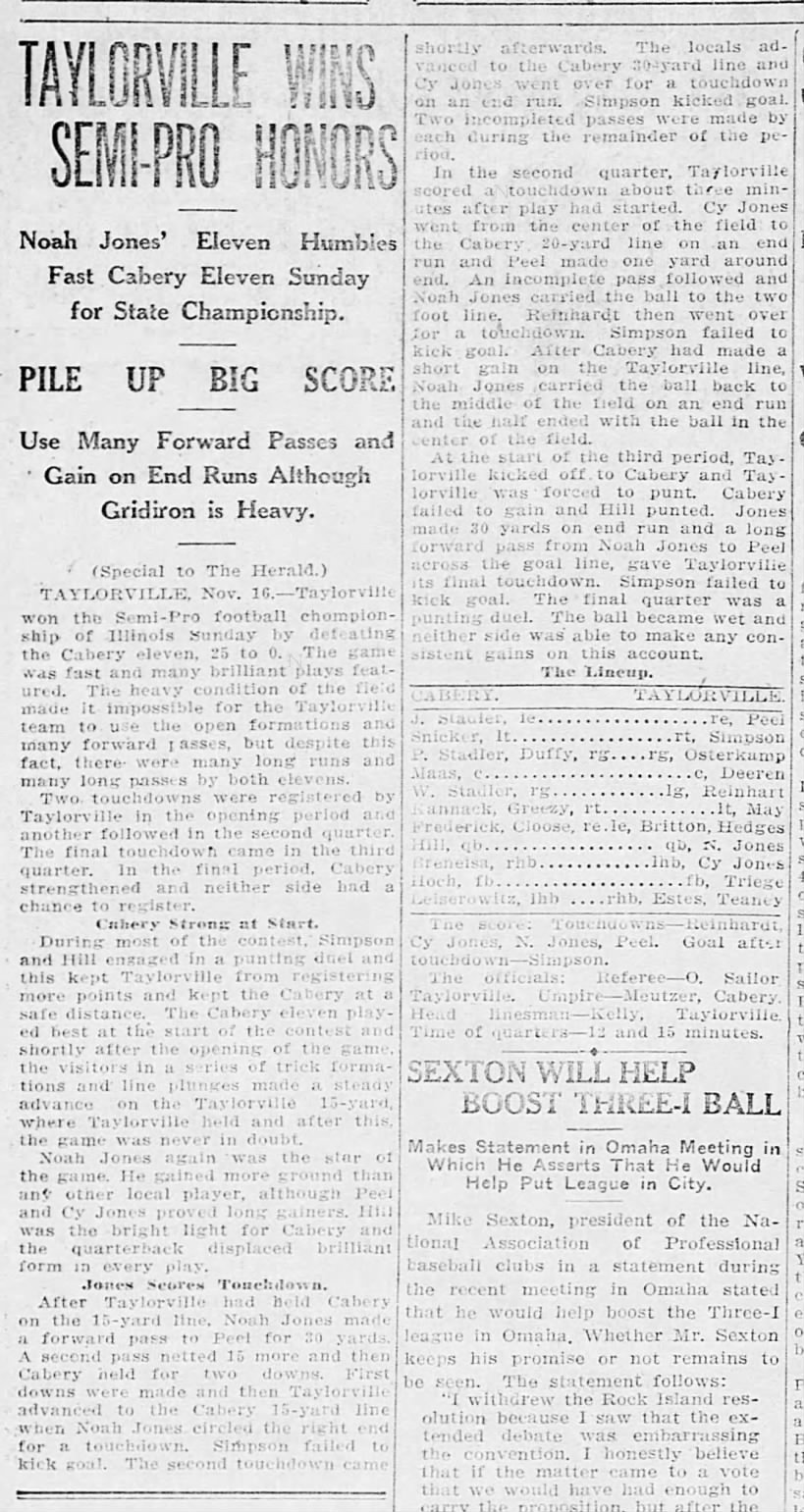 Cabery - Looses to Taylorville in State Championship - Nov 1914
