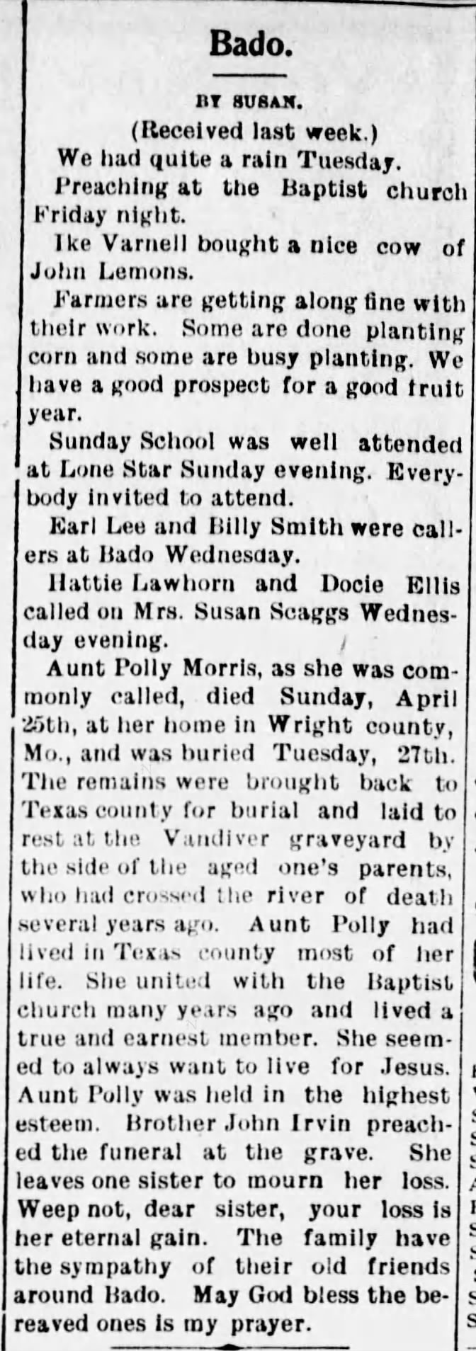 Aunt Polly Morris dies: Bado, Missouri news