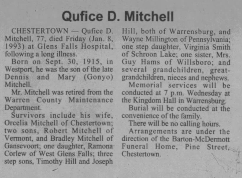 Obituary for Qufice D. Mitchell, 1915-1993 (Aged 77)