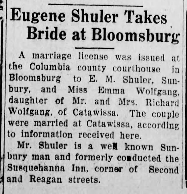 Eugene Shuler marries Emma Wolfgang