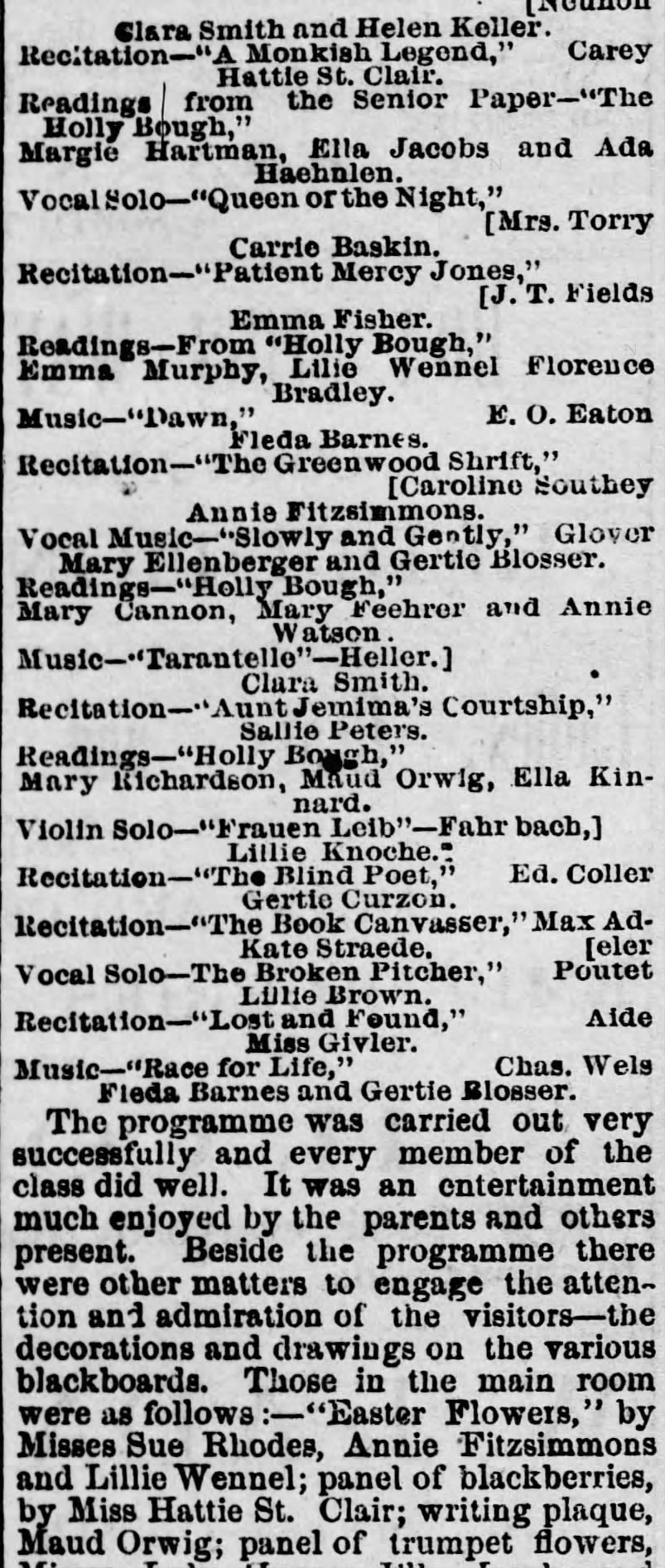 Hattie St. Clair recital
1885