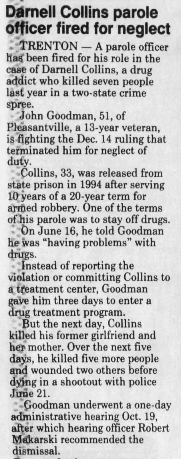 Darnell Collins parole officer fired for neglect