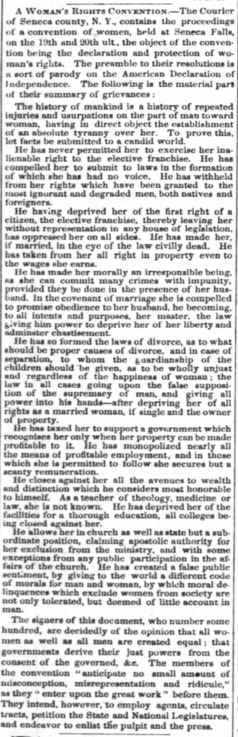 Woman's Rights Convention at Seneca Falls, NY, 1848.
