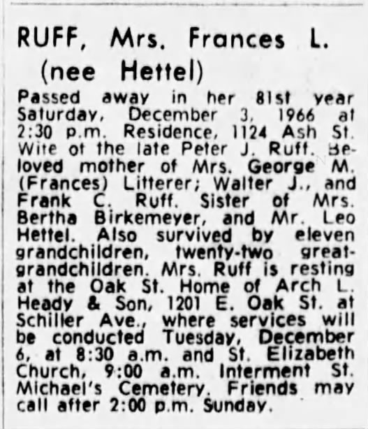 Frances L. Ruff - Death Notice - 
Dec 4, 1966 CJ P46CX