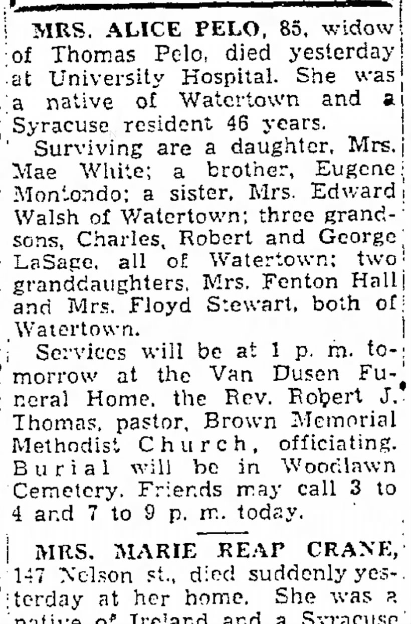 Alice (Montondo) Pelo-Obit- The Post-Standard
(Syracuse, New York)
06 Dec 1954, Mon-Page 7