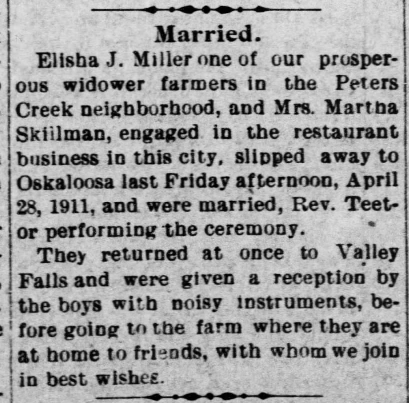 E. J. Miller and Martha Skillman, married on 28 Apr 1911 in Oskaloosa.