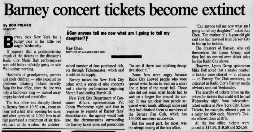 Barney concert tickets become extinct