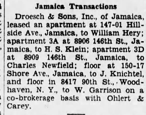 Charles B Newfield rents apartment 3D, 89-09 146th Street from  Droesch & Sons, the Brooklyn Daily E