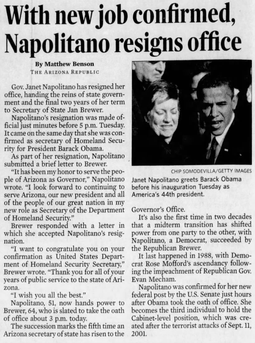 Brewer succeeds Napolitano January 20