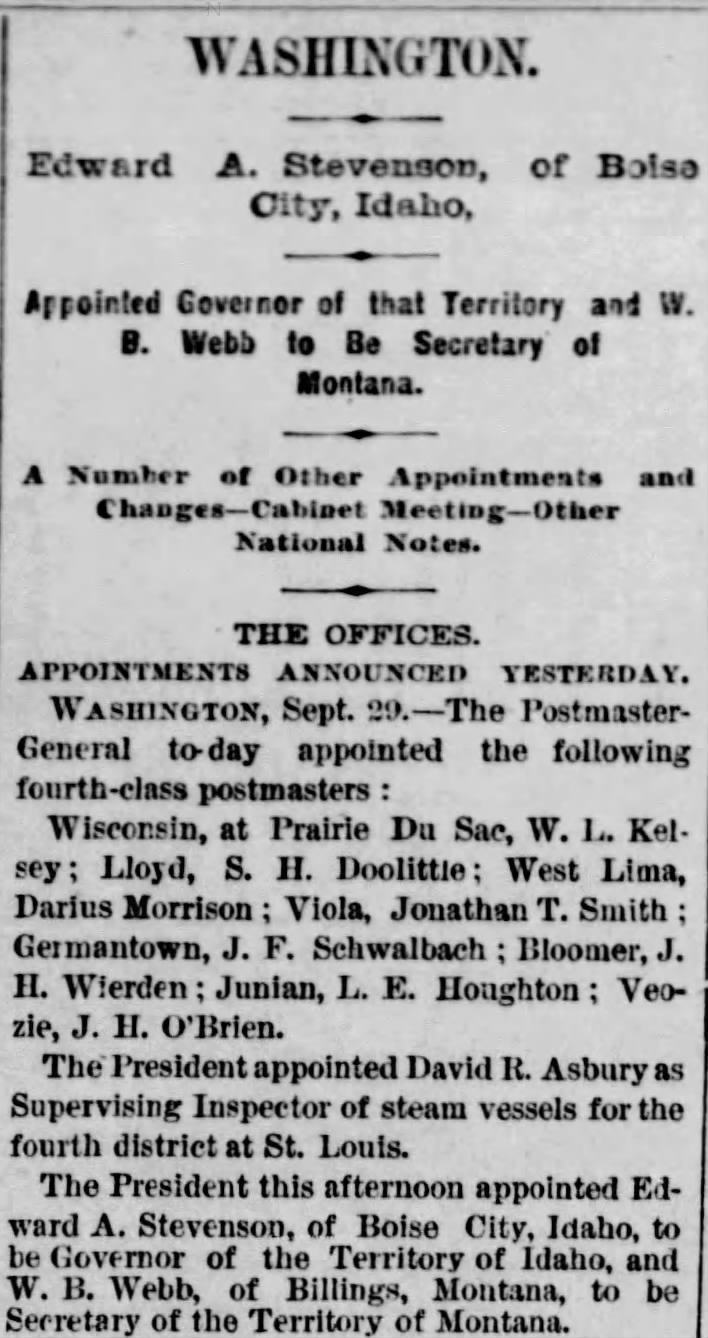 Edward A. Stevenson of Boise City, Idaho Appointed Governor of That Territory