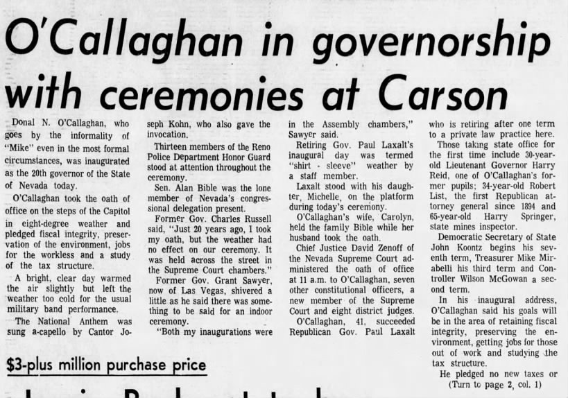 O'Callaghan in governorship with ceremonies at Carson