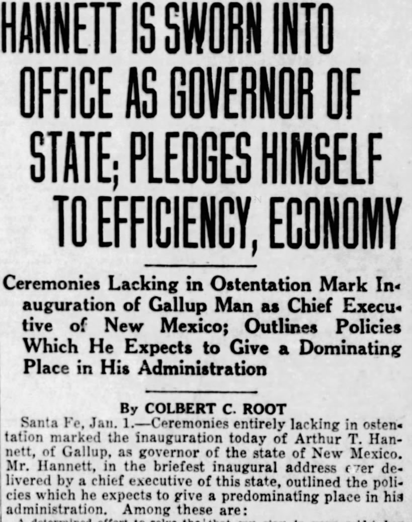 Hannett Is Sworn Into Office As Governor of State; Pledges Himself to Efficiency, Economy