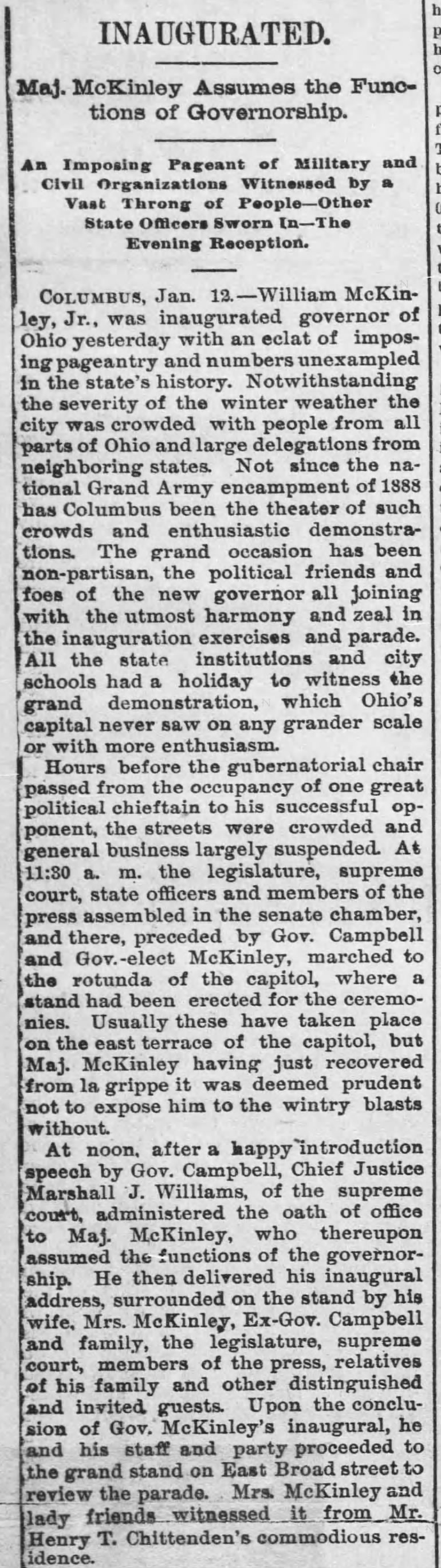 McKinley inaugurated January 11