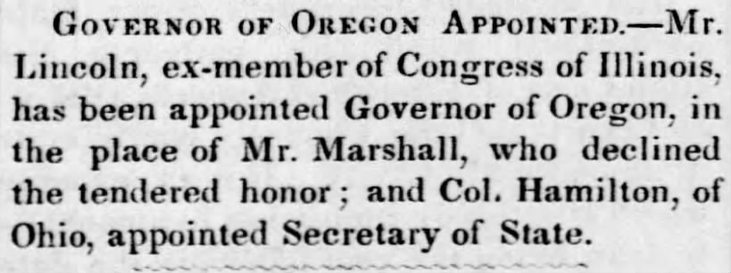 Lincoln appointed governor of Oregon (inaccurate)
