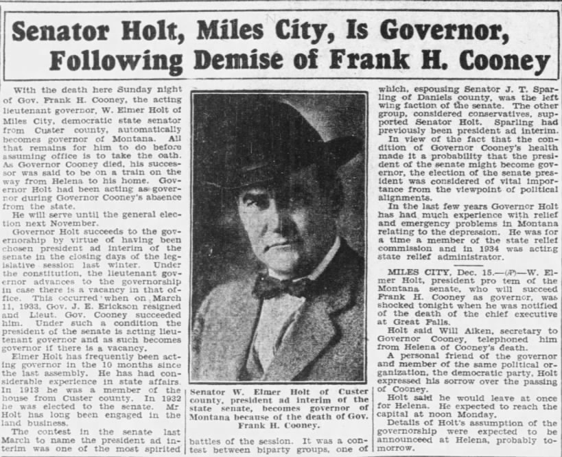 Senator Holt, Miles City, Is Governor, Following Demise of Frank H. Cooney