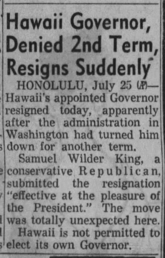Hawaii Governor, Denied 2nd Term, Resigns Suddenly