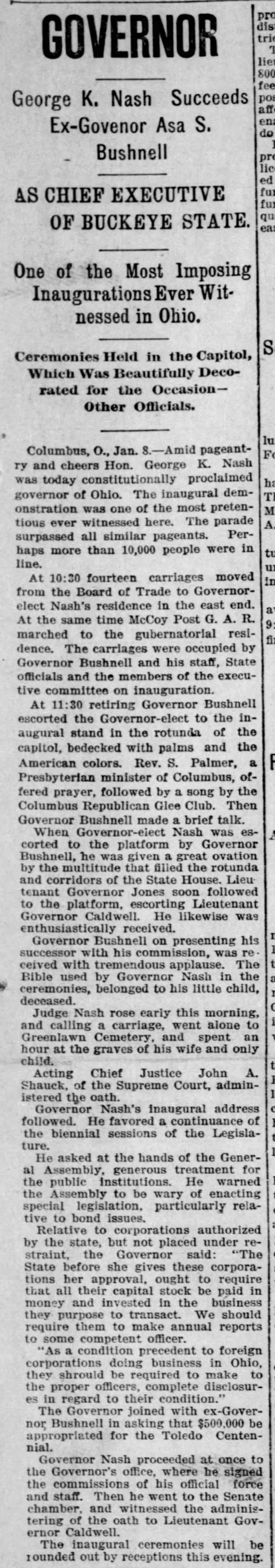 Governor George K. Nash Succeeds Ex-Governor Asa S. Bushnell