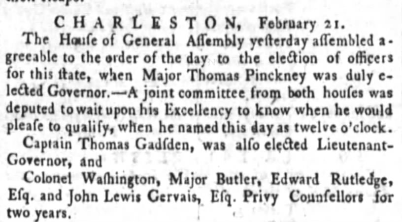 Pinckney proclaimed governor February 21