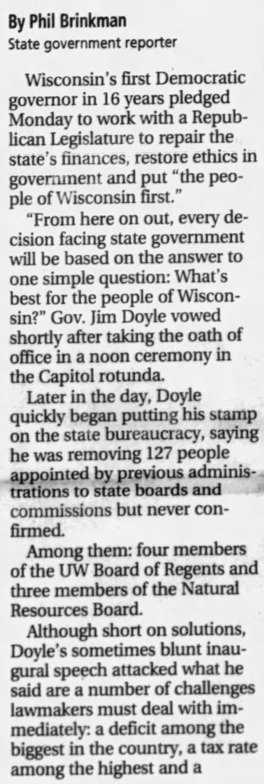 Doyle inaugurated January 6