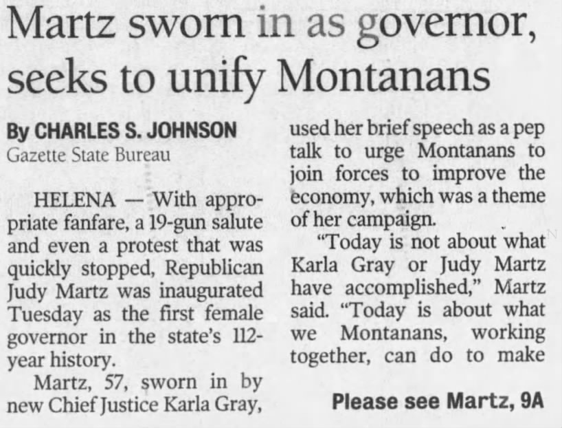 Martz sworn in as governor, seeks to unify Montanans