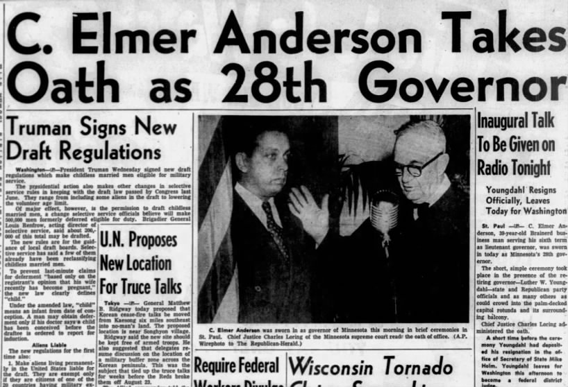 C. Elmer Anderson Takes Oath as 28th Governor