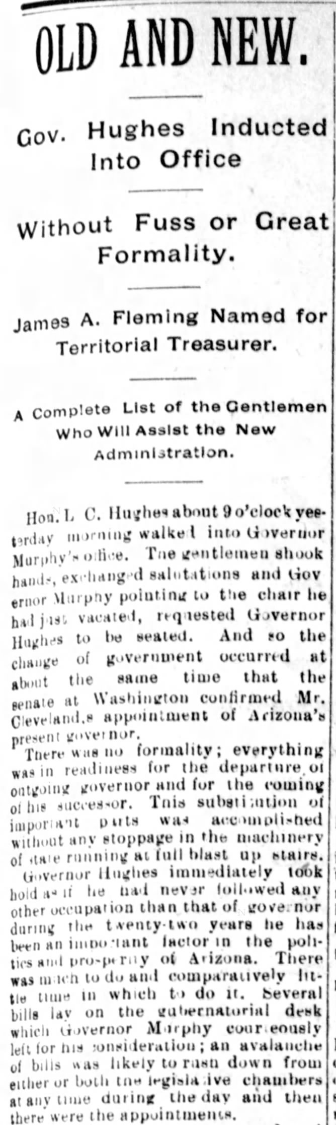 L.C. Hughes sworn in as governor of Arizona Territory