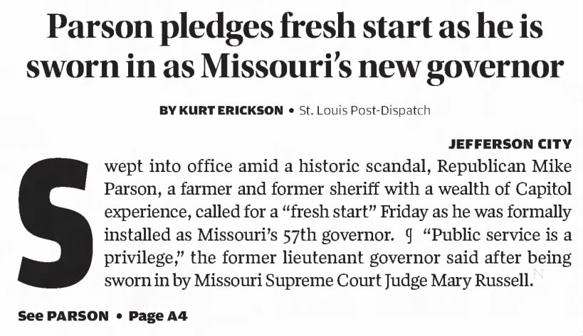 Parson pledges fresh start as he is sworn in as Missouri's new governor