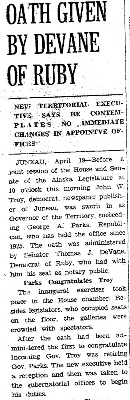 Troy Sworn In As Governor of Alaska