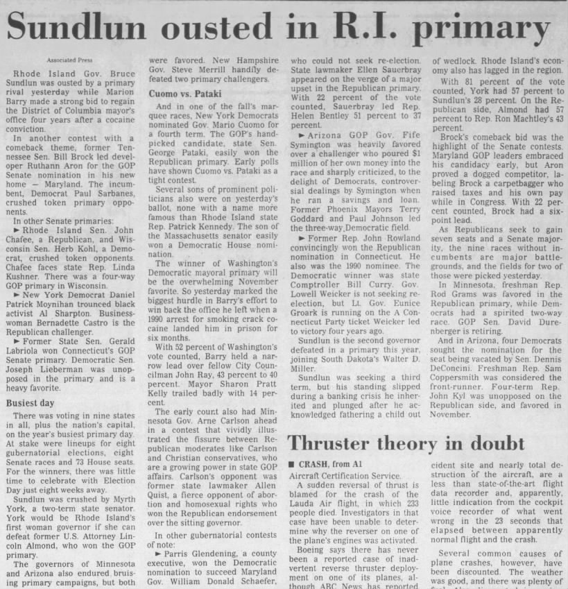 Sundlun ousted in R.I. primary