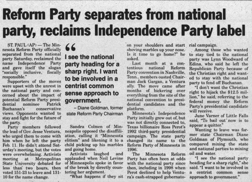 Reform Party separates from national party, reclaims Independence Party label