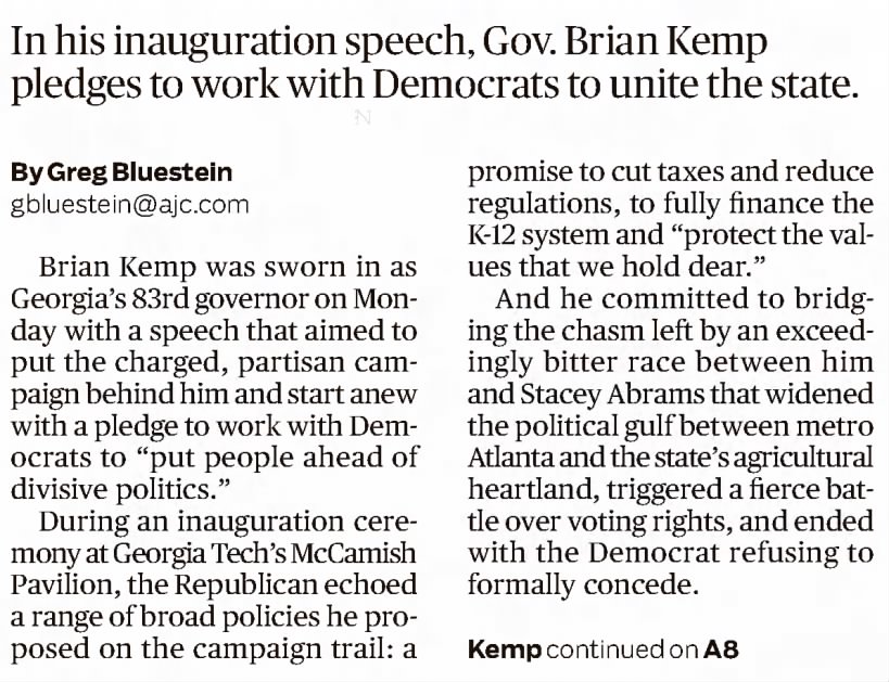 Kemp inaugurated January 14