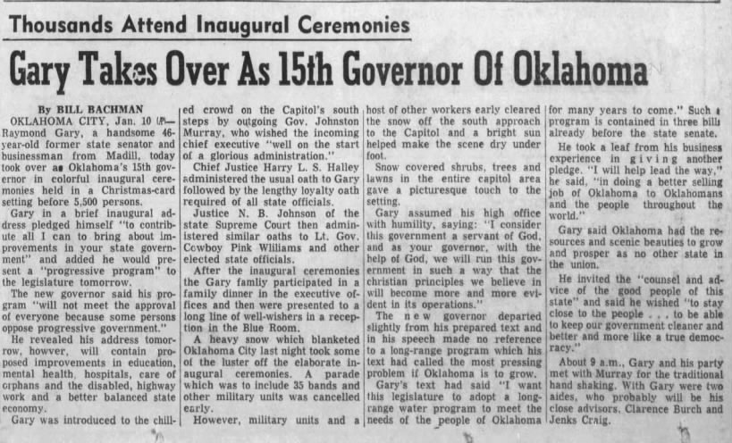 Gary Takes Over As 15th Governor Of Oklahoma