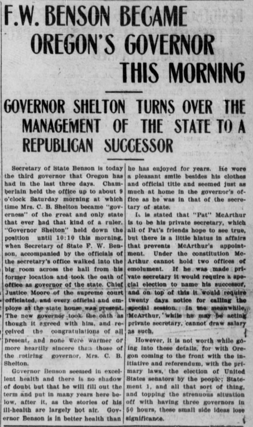 F.W. Benson Became Oregon's Governor This Morning