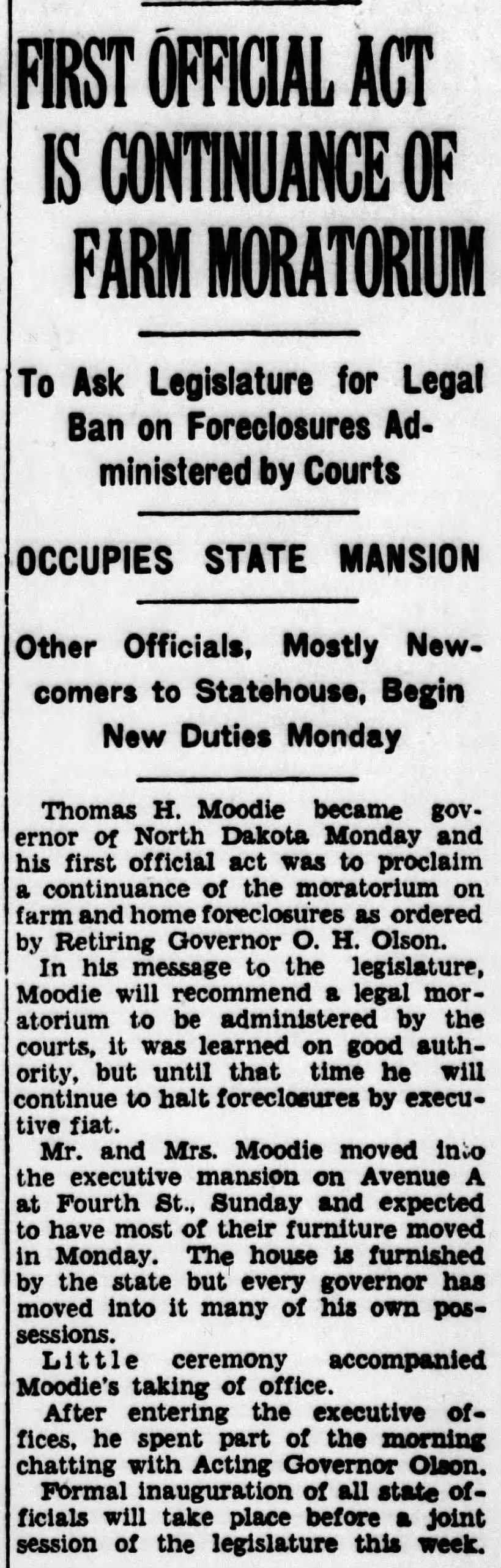 Moodie Becomes N.D. Governor