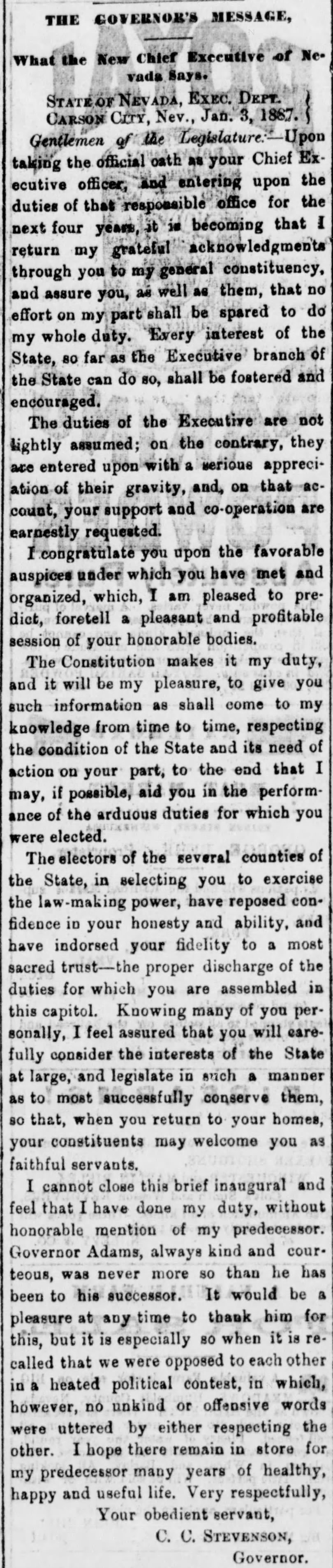 Stevenson's inaugural message, dated January 3