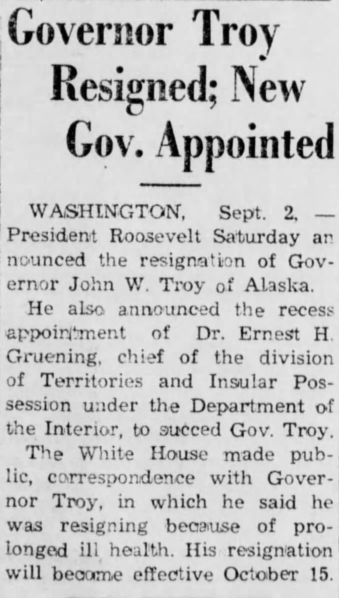 Governor Troy Resigned; New Gov. Appointed