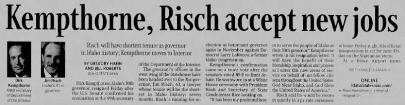 Risch succeeds Kempthorne May 26