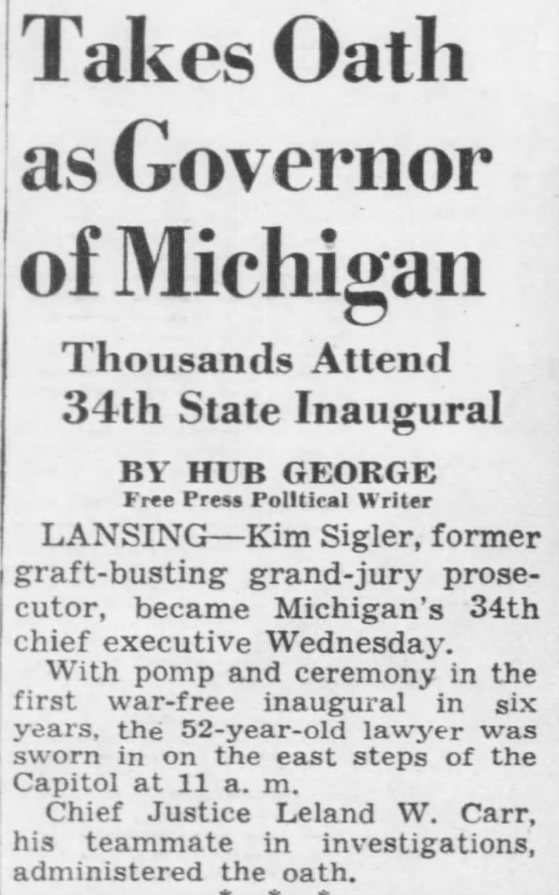 [Sigler] Takes Oath as Governor of Michigan