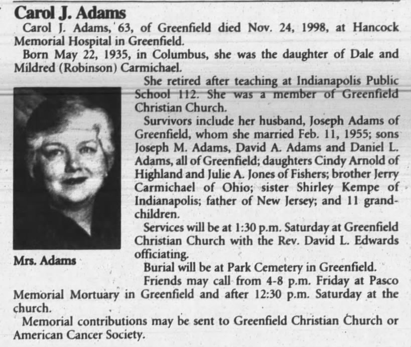 Carol J Carmichael (Adams) obituary
