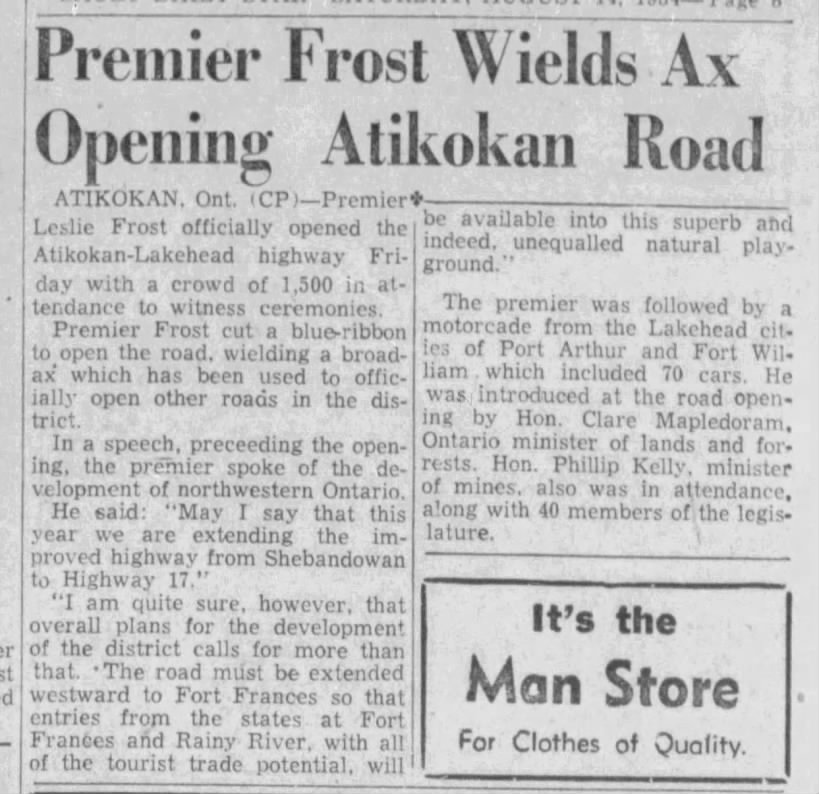 Premier Frost Wields Ax Opening Atikokan Road