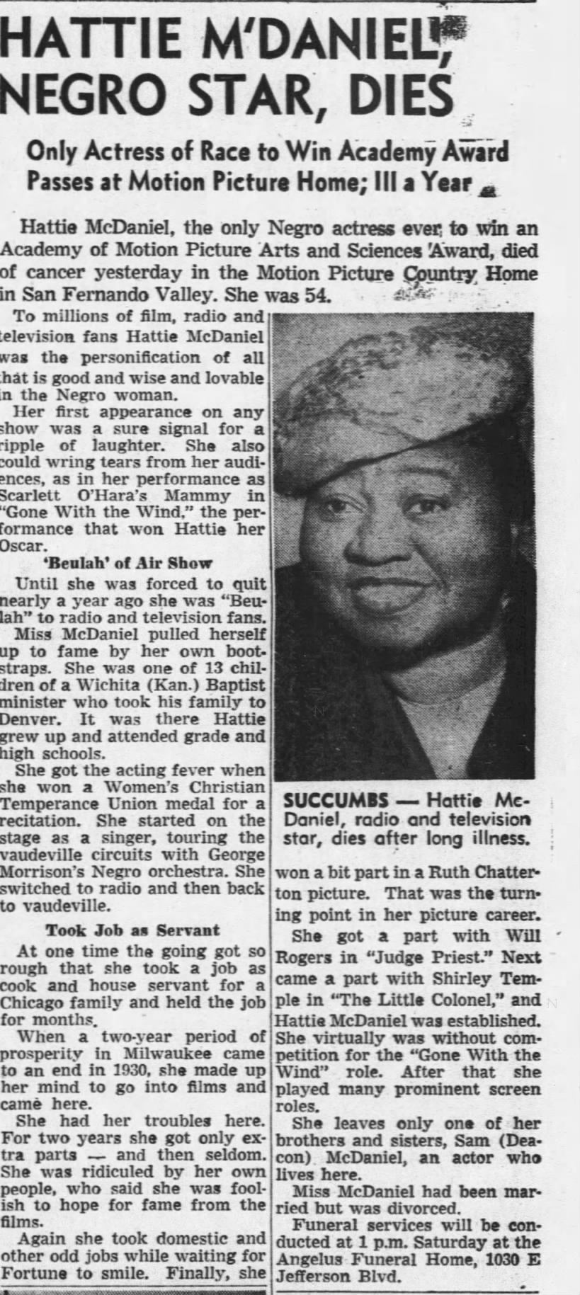 Obituary for Hattie McDaniel (Aged 54)