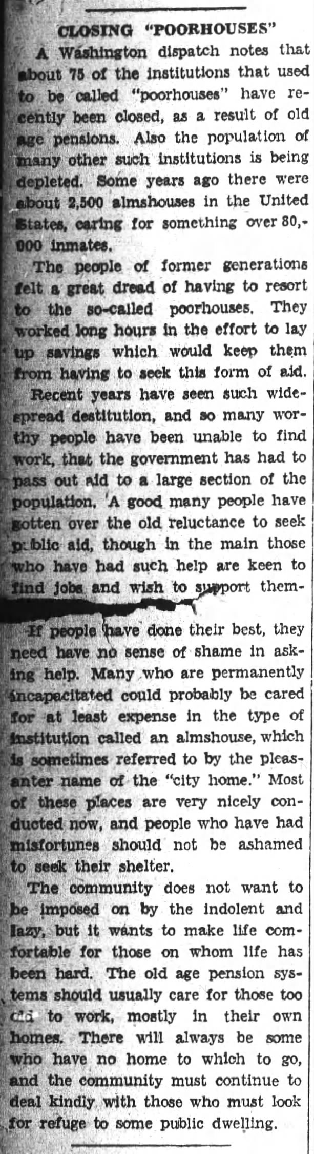 Article about why many poorhouses are closing, 1938