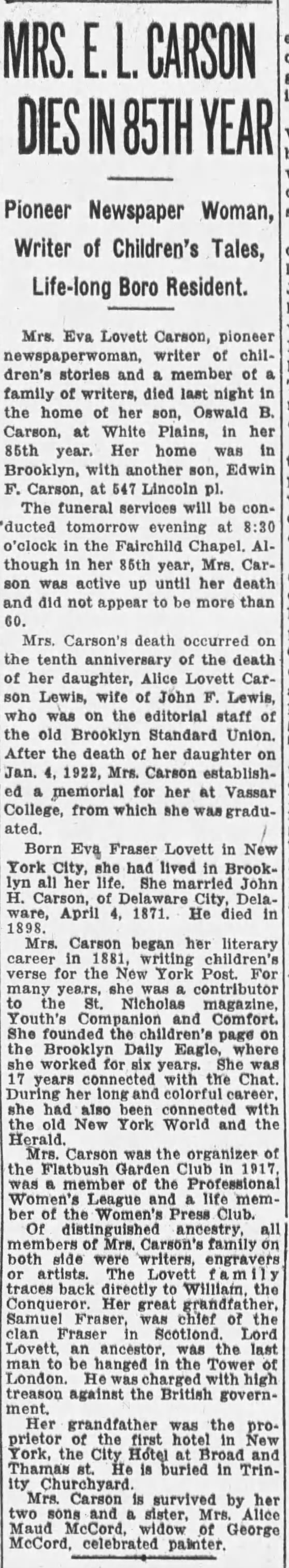 Obituary for Eva Lovett Carson (Aged 85)