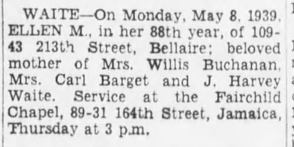 Ellen Waite obit May 9, 1939